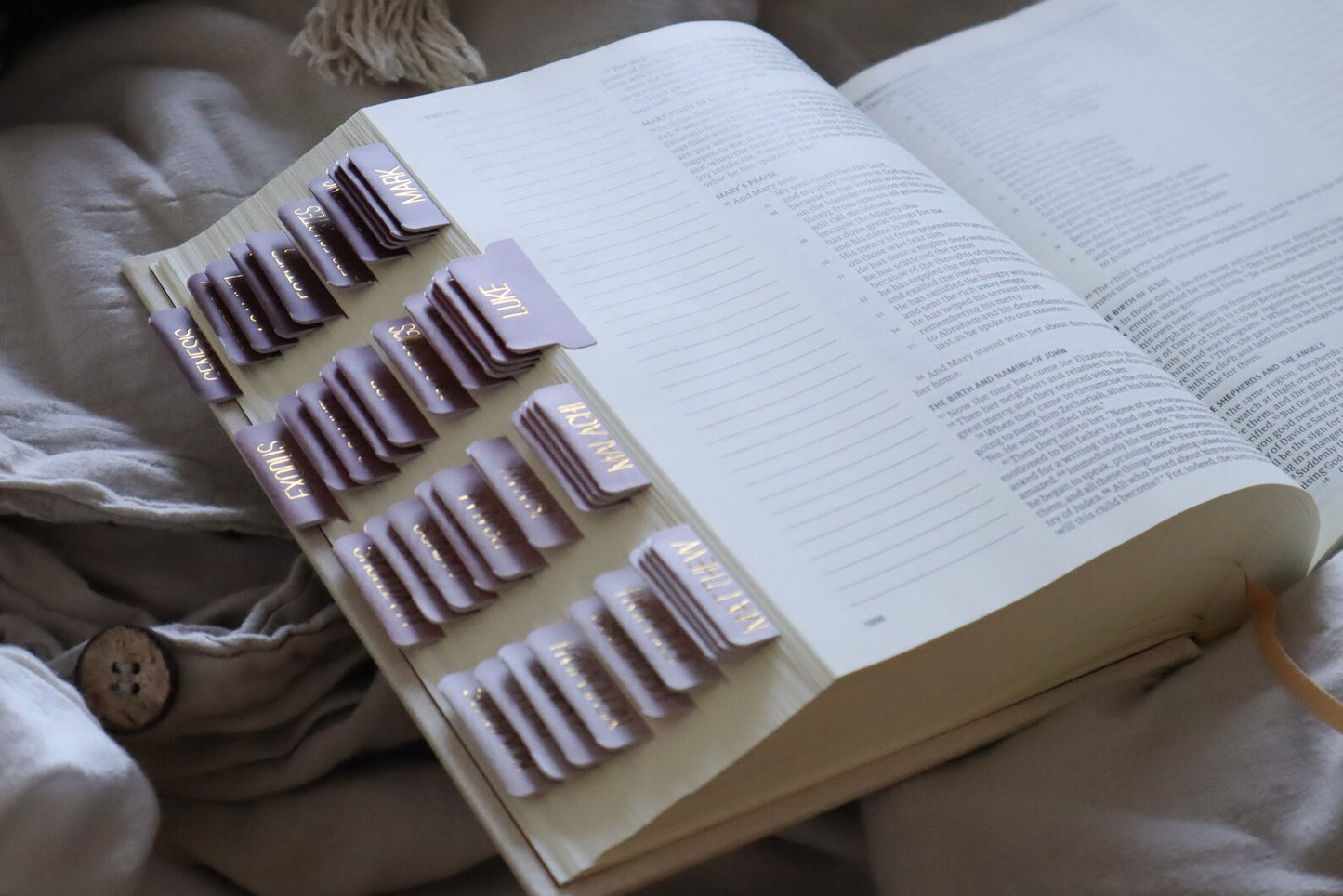 Pestañas adhesivas con revestimiento mate de color azul neutro para la Biblia
